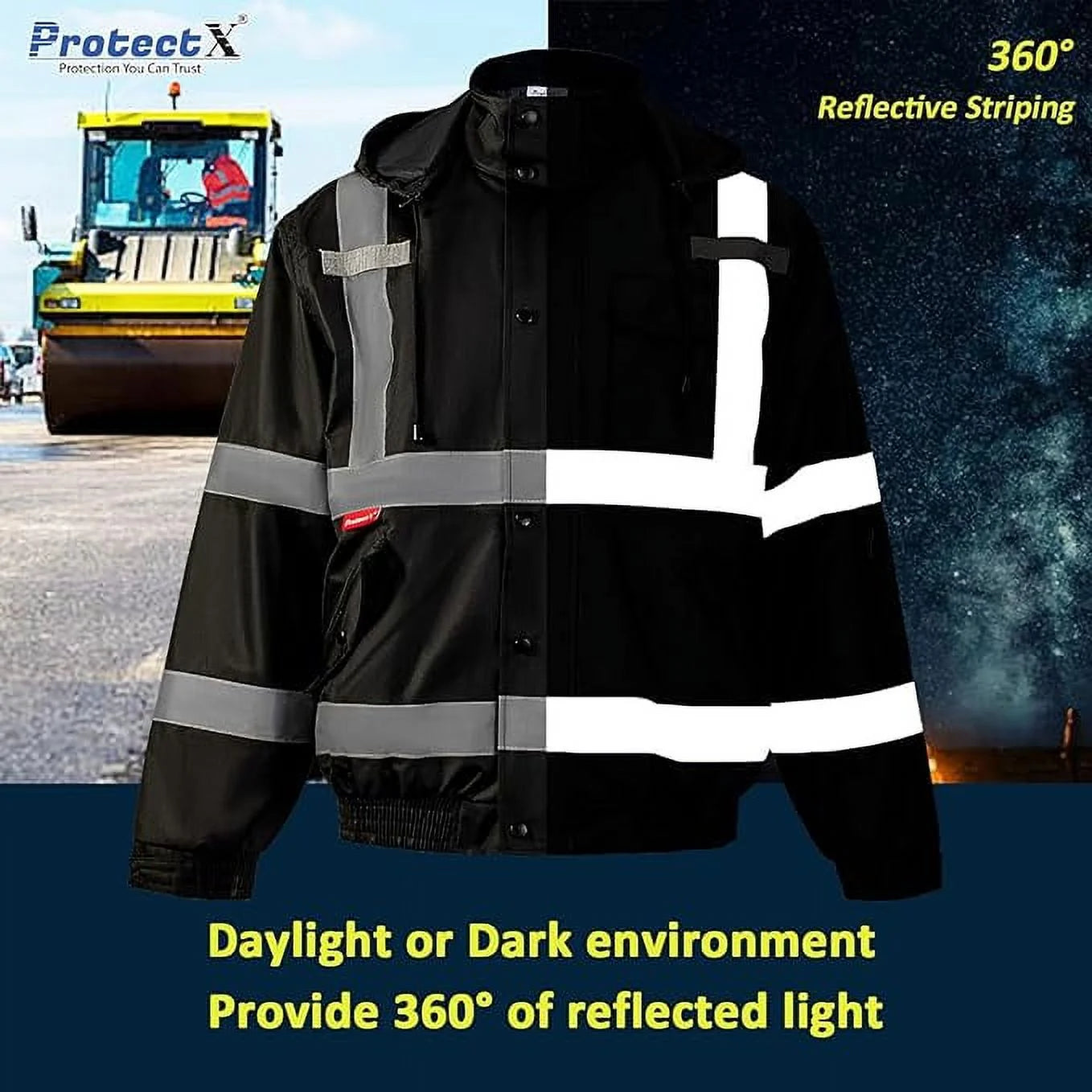 High Visibility Safety Waterproof Bomber Jacket for Men, Hi Vis Reflective Winter Construction Jacket, Black, Medium