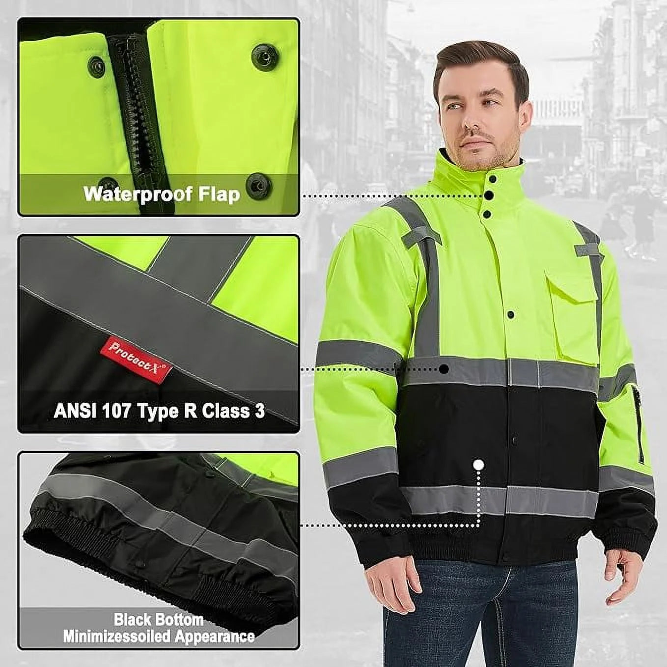 High Visibility Safety Waterproof Bomber Jacket for Men, Hi Vis Reflective Winter Construction Jacket, Class 3, Green, Small