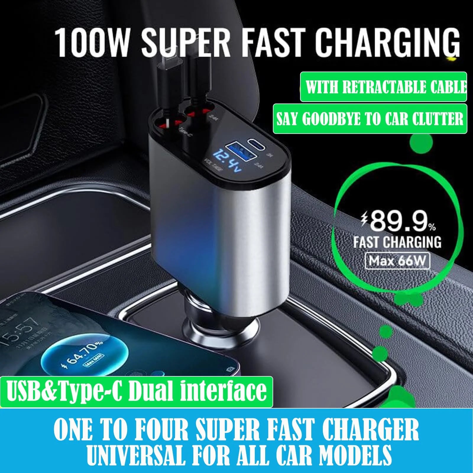 4-in-1 Retractable USB C Car Charger with 100W Fast Charging Dual Port PD & QC, 2.6Ft Built-In Retractable iPhone/Type C Cable, Compatible with iPhone and Android - Car Accessories