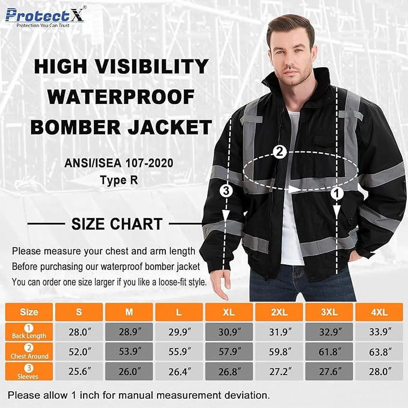 High Visibility Safety Waterproof Bomber Jacket for Men, Hi Vis Reflective Winter Construction Jacket, Black, Medium