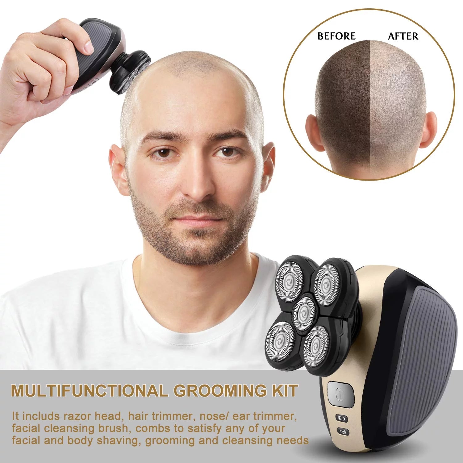 The Electric Head Hair Shaver - Ultimate Mens Cordless Rechargeable Wet/Dry Skull & Bald Head Waterproof Razor with Rotary Blades, Clippers, Nose Trimmer, Brush, Massager