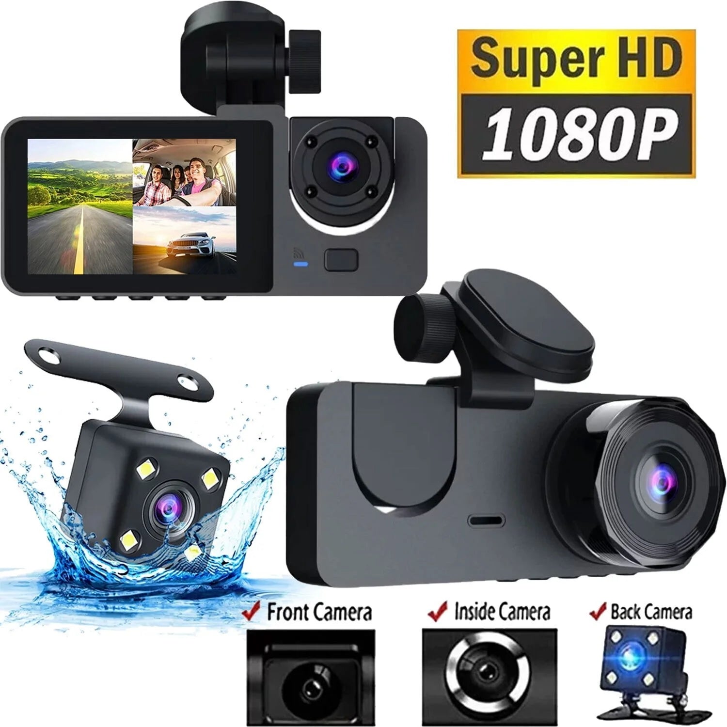 Front & Rear 3-Channel Dash Camera with Super Night Vision and Parking Monitor - 1080P, Loop Recording, 32GB SD Card Included