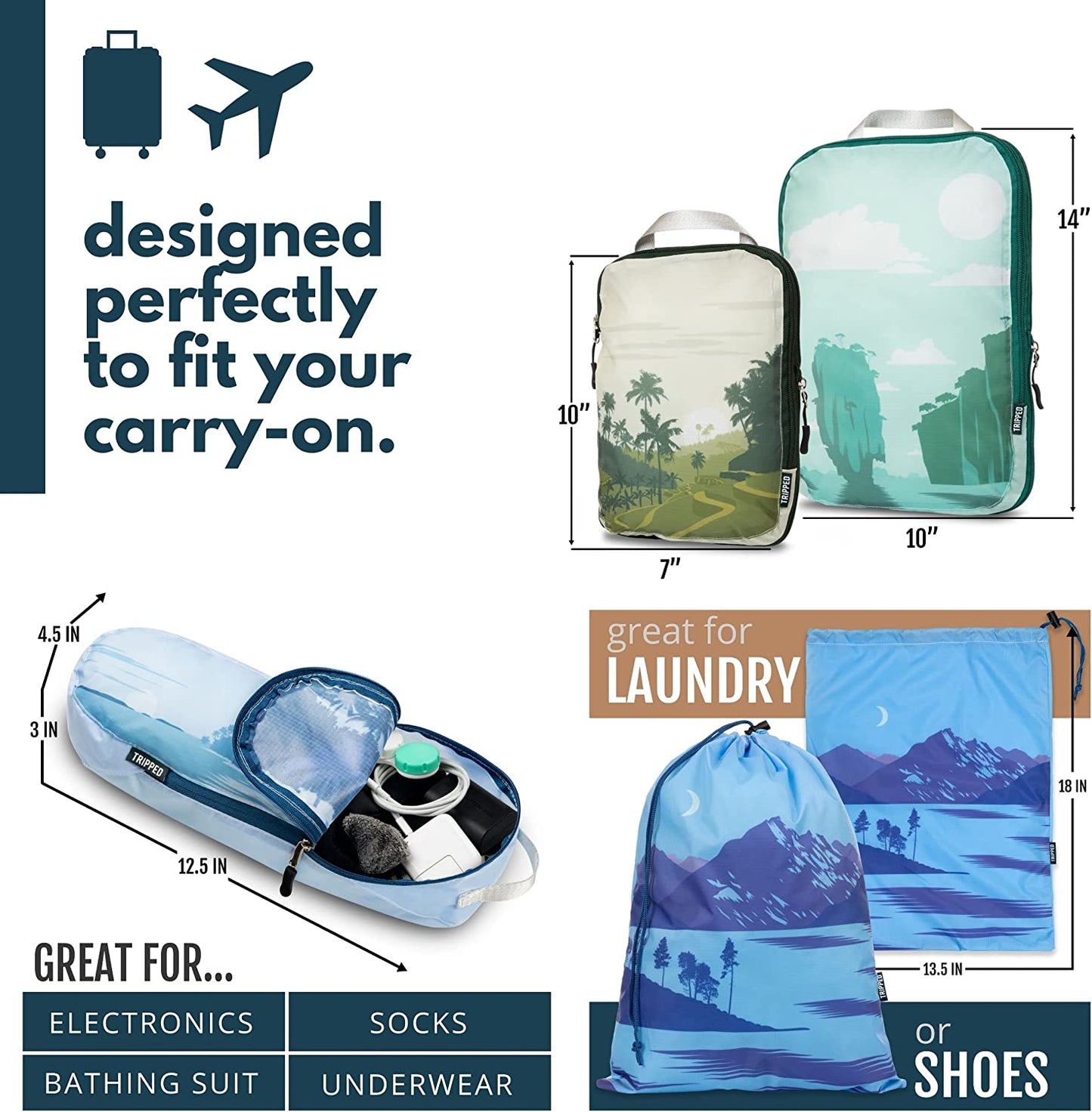 "Ultimate Travel Packing Cubes Set - 6-Piece Graphic Organizer for Luggage and Backpacks"