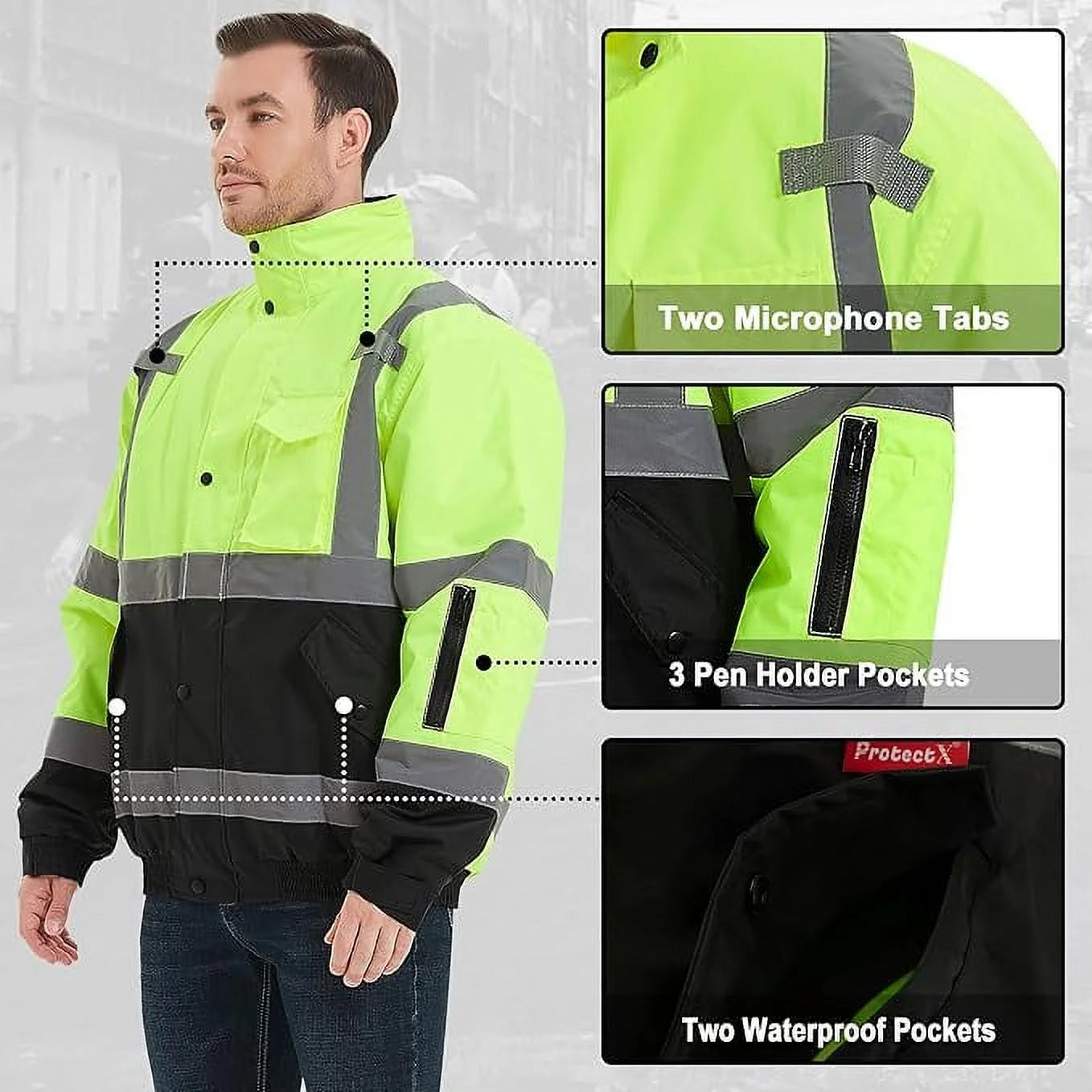 High Visibility Safety Waterproof Bomber Jacket for Men, Hi Vis Reflective Winter Construction Jacket, Class 3, Green, Small