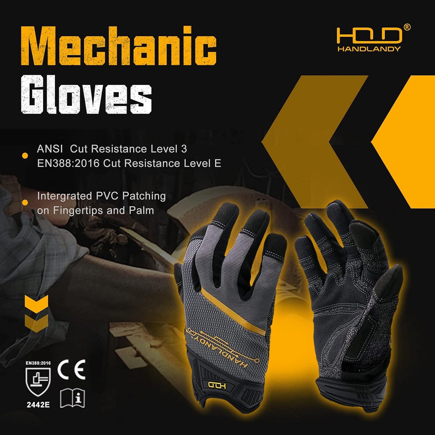 Cut Resistant Level 3 Mechanics Gloves for Men, Tear & Abrasion Resistant Safety Gloves for Work - Size Medium