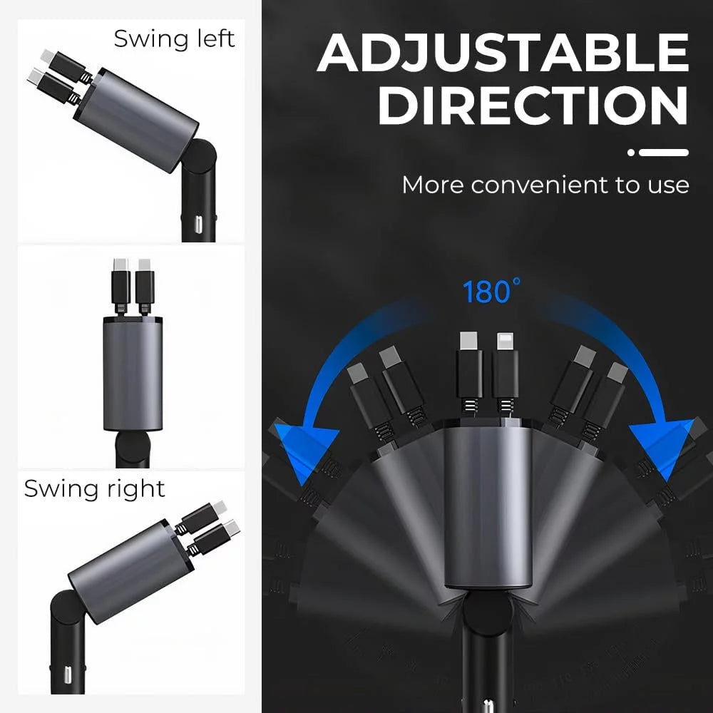 4-in-1 Retractable USB C Car Charger with 100W Fast Charging Dual Port PD & QC, 2.6Ft Built-In Retractable iPhone/Type C Cable, Compatible with iPhone and Android - Car Accessories