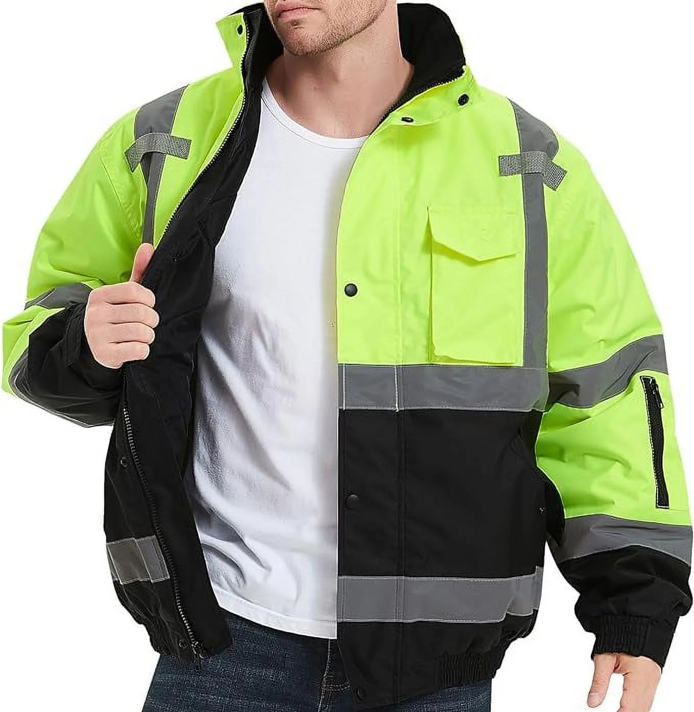 High Visibility Safety Waterproof Bomber Jacket for Men, Hi Vis Reflective Winter Construction Jacket, Class 3, Green, Small