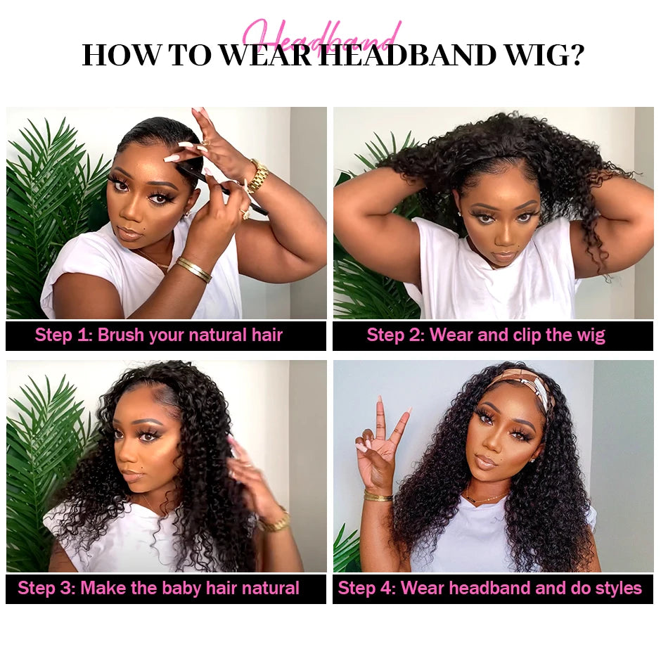 "Deep Curly Headband Wig - Brazilian Human Hair - No Glue Needed!"