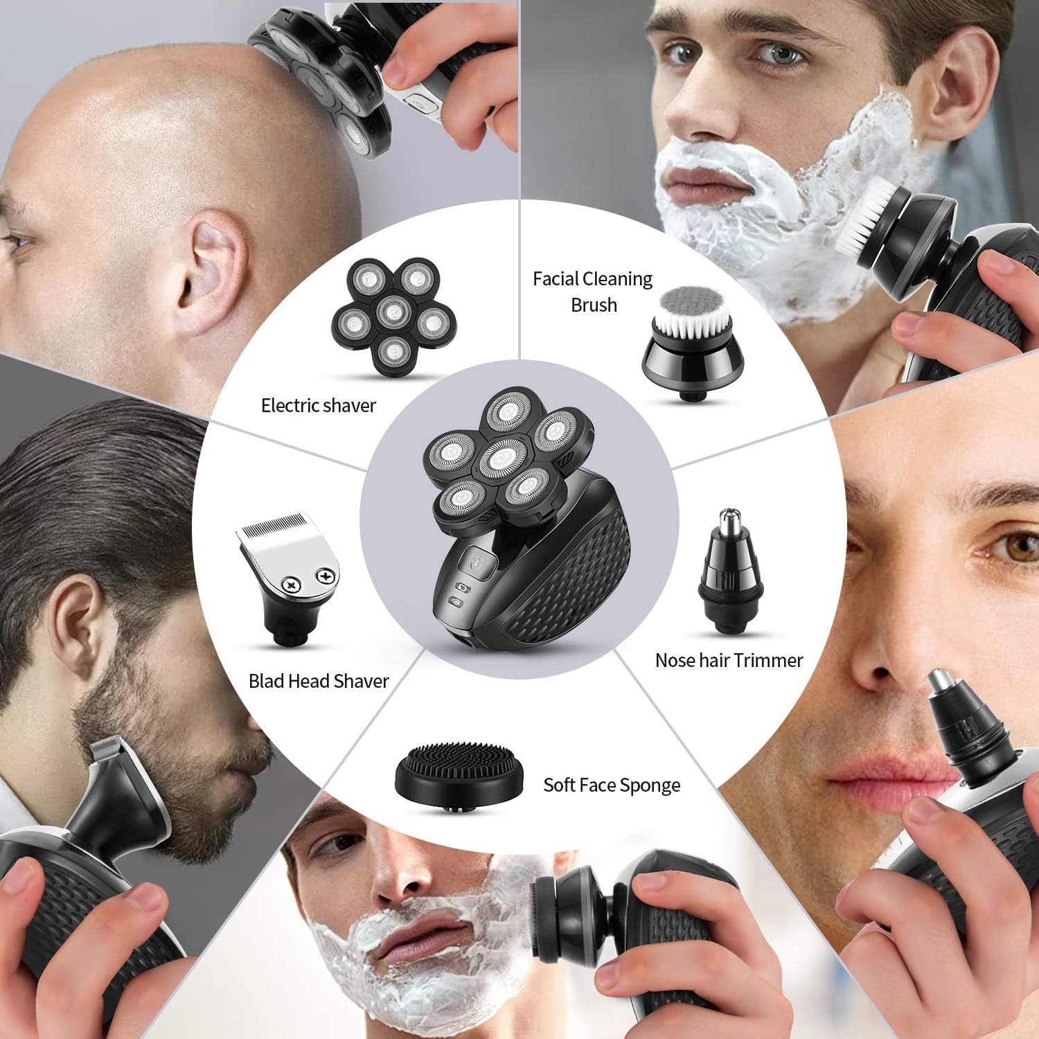 Head Shavers for Men Upgraded 5 in 1 Multifunctional Bald Head Shaver Grooming Kit Cordless Electric Razor for Men Rotary Mens Head Razor Rechargeable Razors for Bald Man Waterproof (Gray)