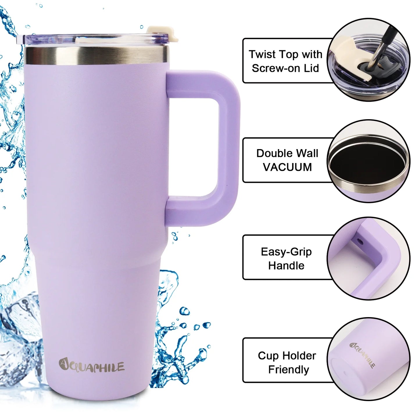 30 oz Insulated Stainless Steel Tumbler with Leak-Proof Lid, Straw, and Handle - Lavender