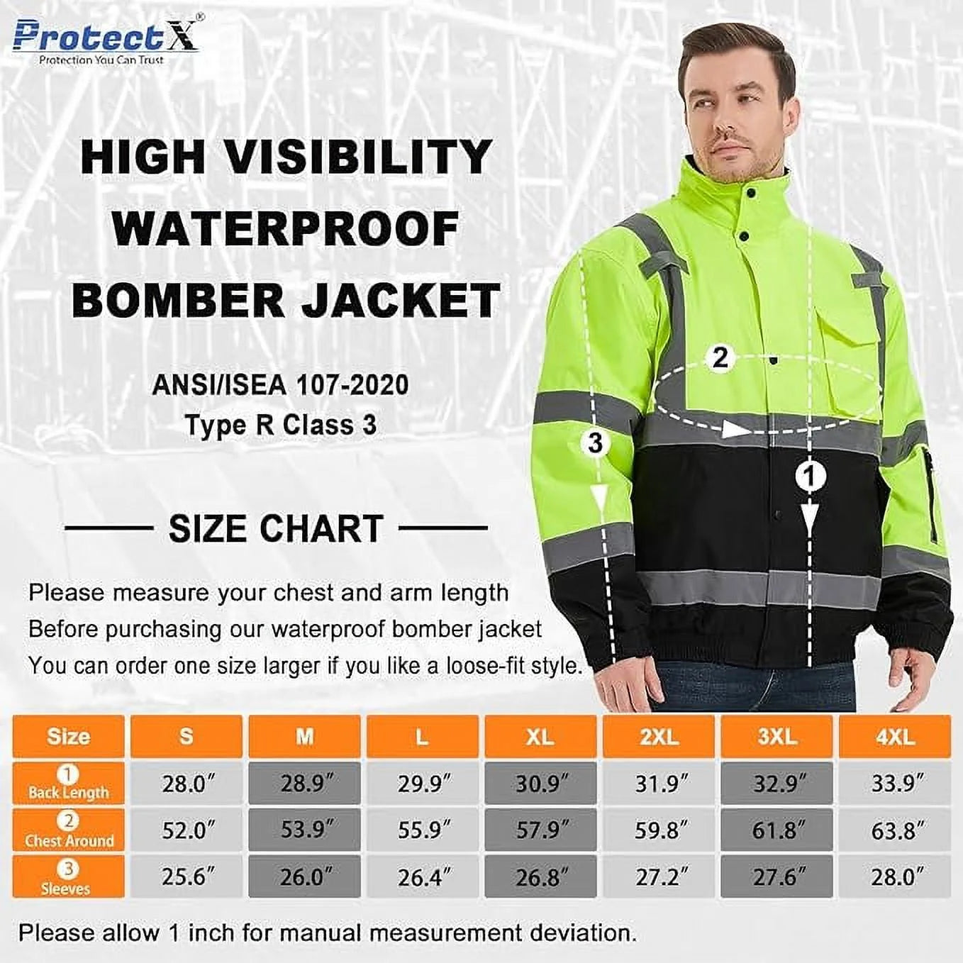 High Visibility Safety Waterproof Bomber Jacket for Men, Hi Vis Reflective Winter Construction Jacket, Class 3, Green, Small