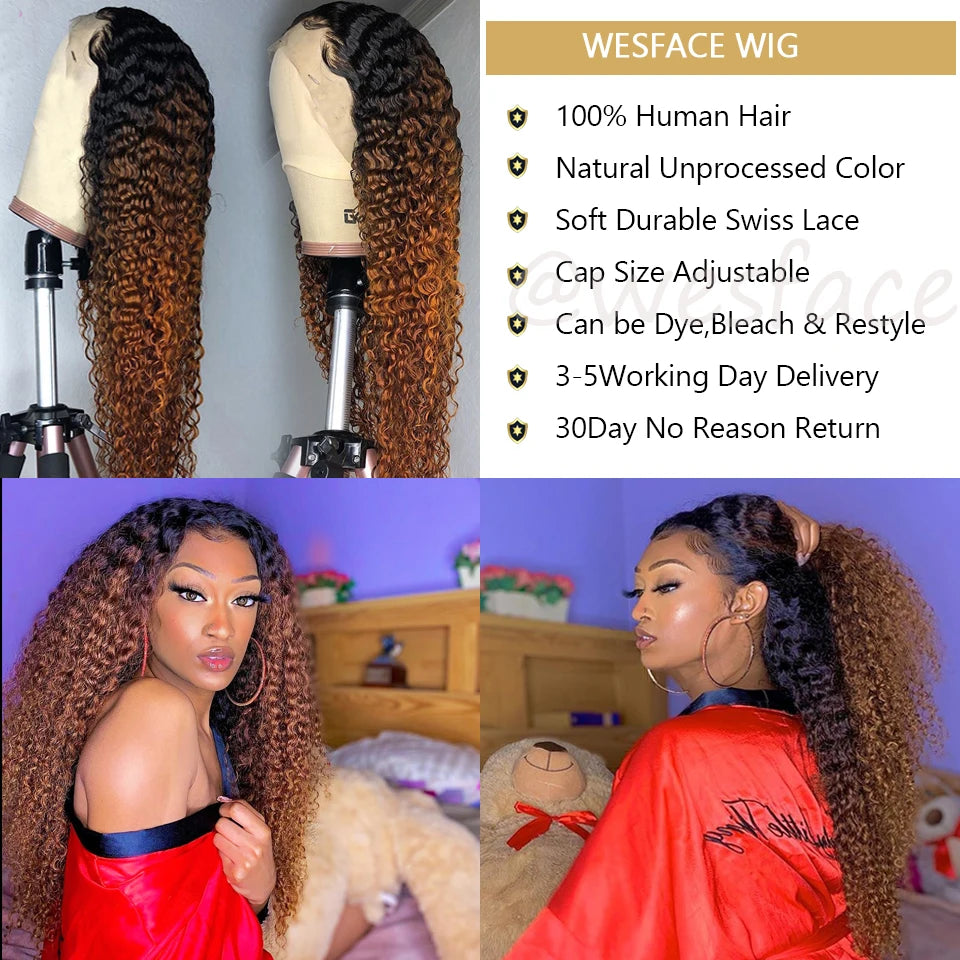 "Brazilian Remy Human Hair Brown Ombre Curly Lace Front Wig for Black Women"