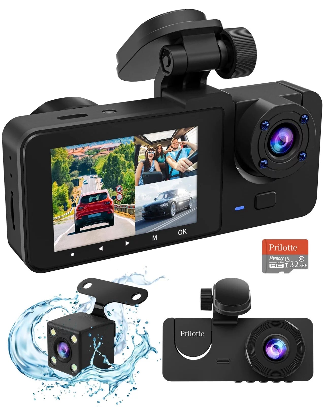 Front & Rear 3-Channel Dash Camera with Super Night Vision and Parking Monitor - 1080P, Loop Recording, 32GB SD Card Included