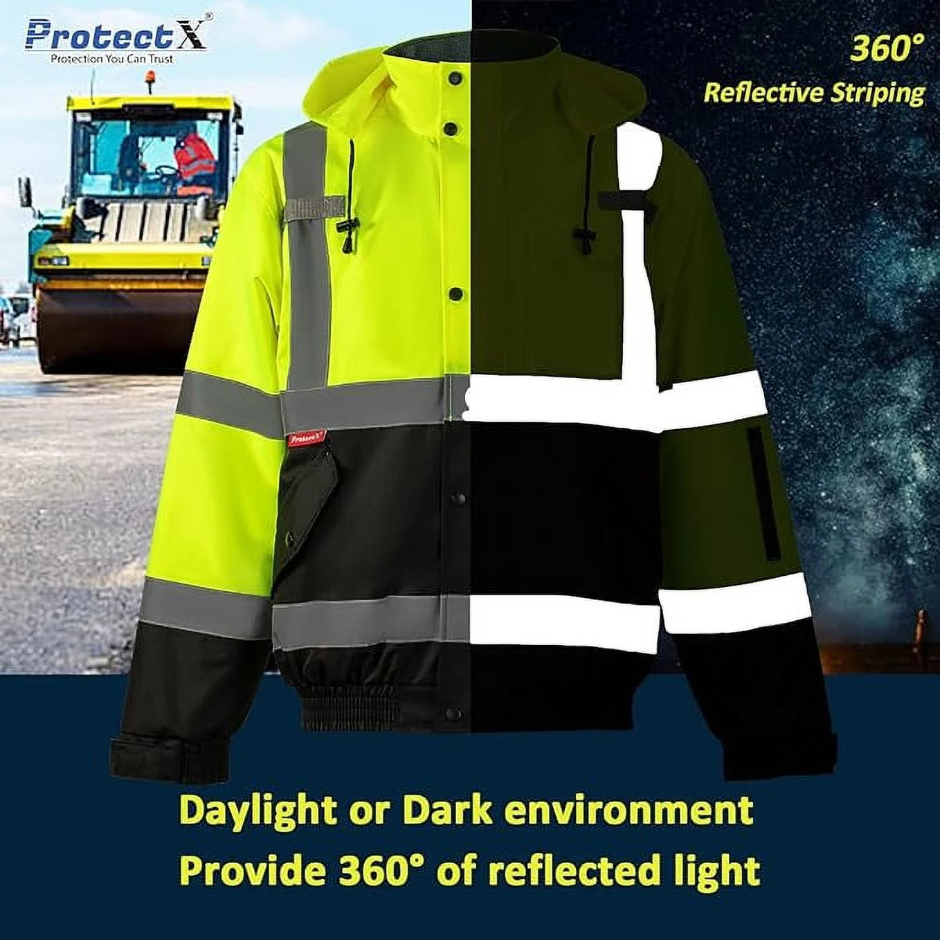 High Visibility Safety Waterproof Bomber Jacket for Men, Hi Vis Reflective Winter Construction Jacket, Class 3, Green, Small