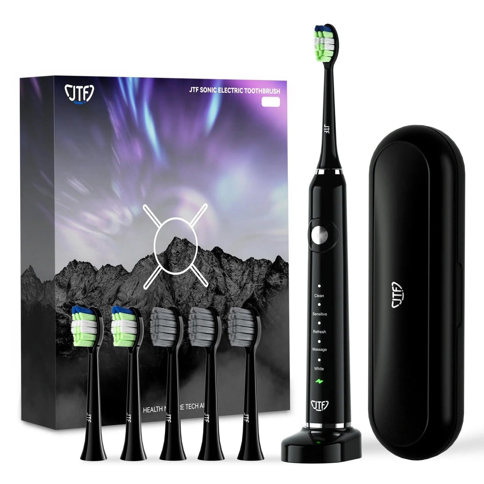 Sonic Electric Toothbrush for Adults with Travel Case, 5 Modes and 6 Brush Heads, Black