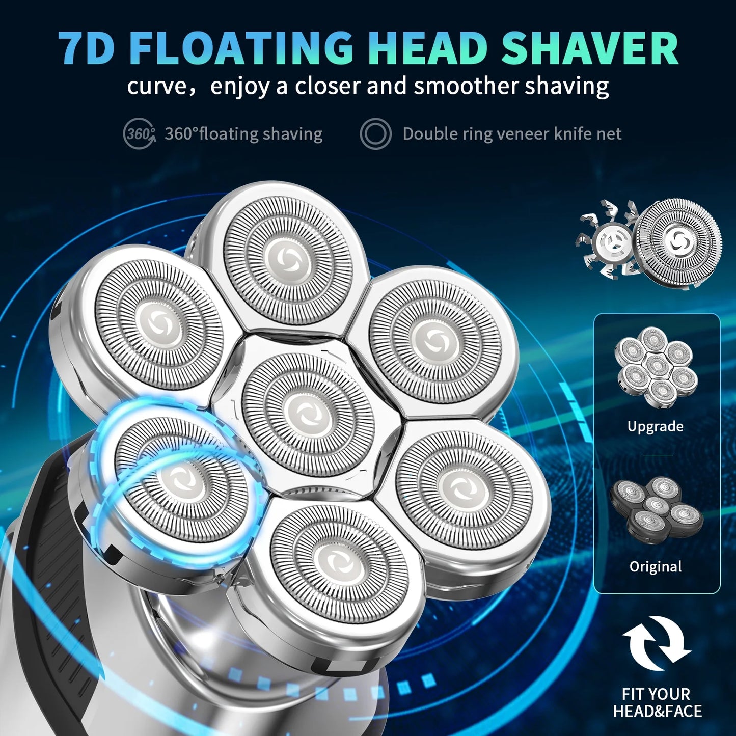 7D Head Shaver,5 in 1 Bald Head Shavers,Led Display, Waterproof Wet/Dry Mens Grooming Kit