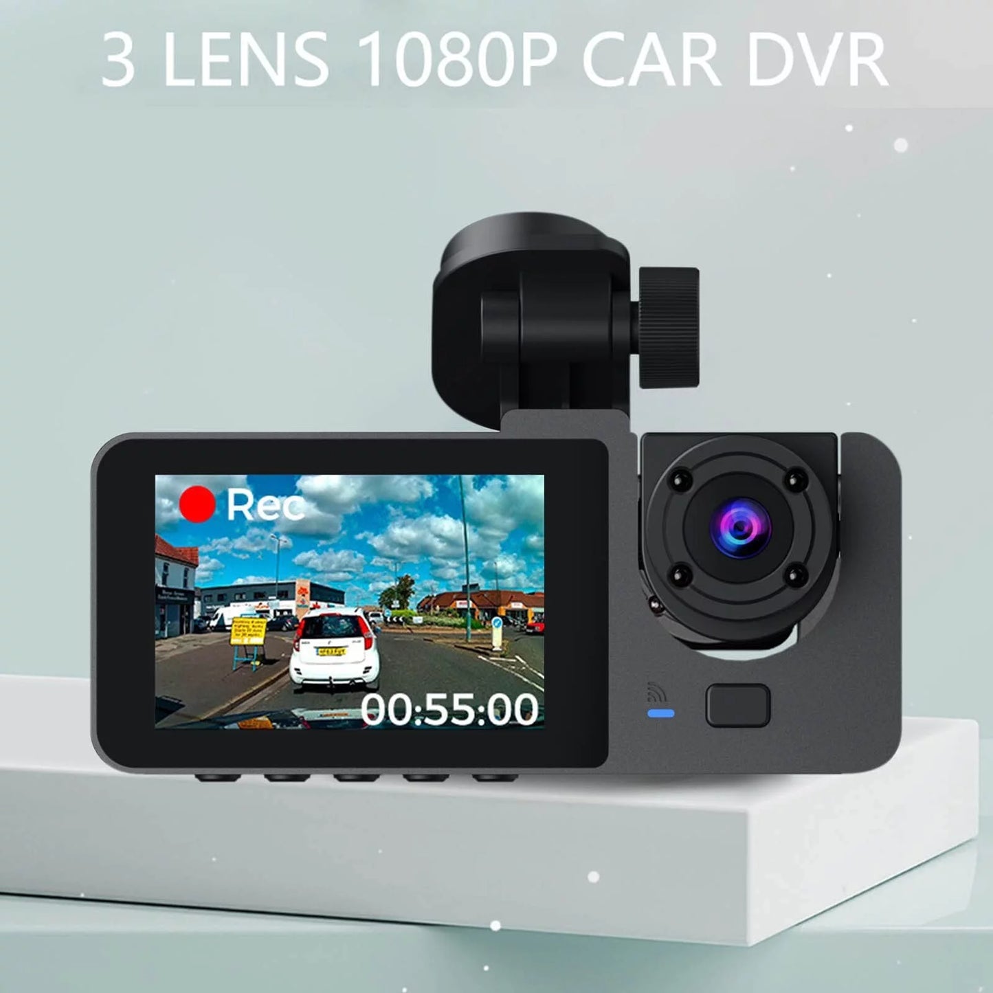 Front & Rear 3-Channel Dash Camera with Super Night Vision and Parking Monitor - 1080P, Loop Recording, 32GB SD Card Included