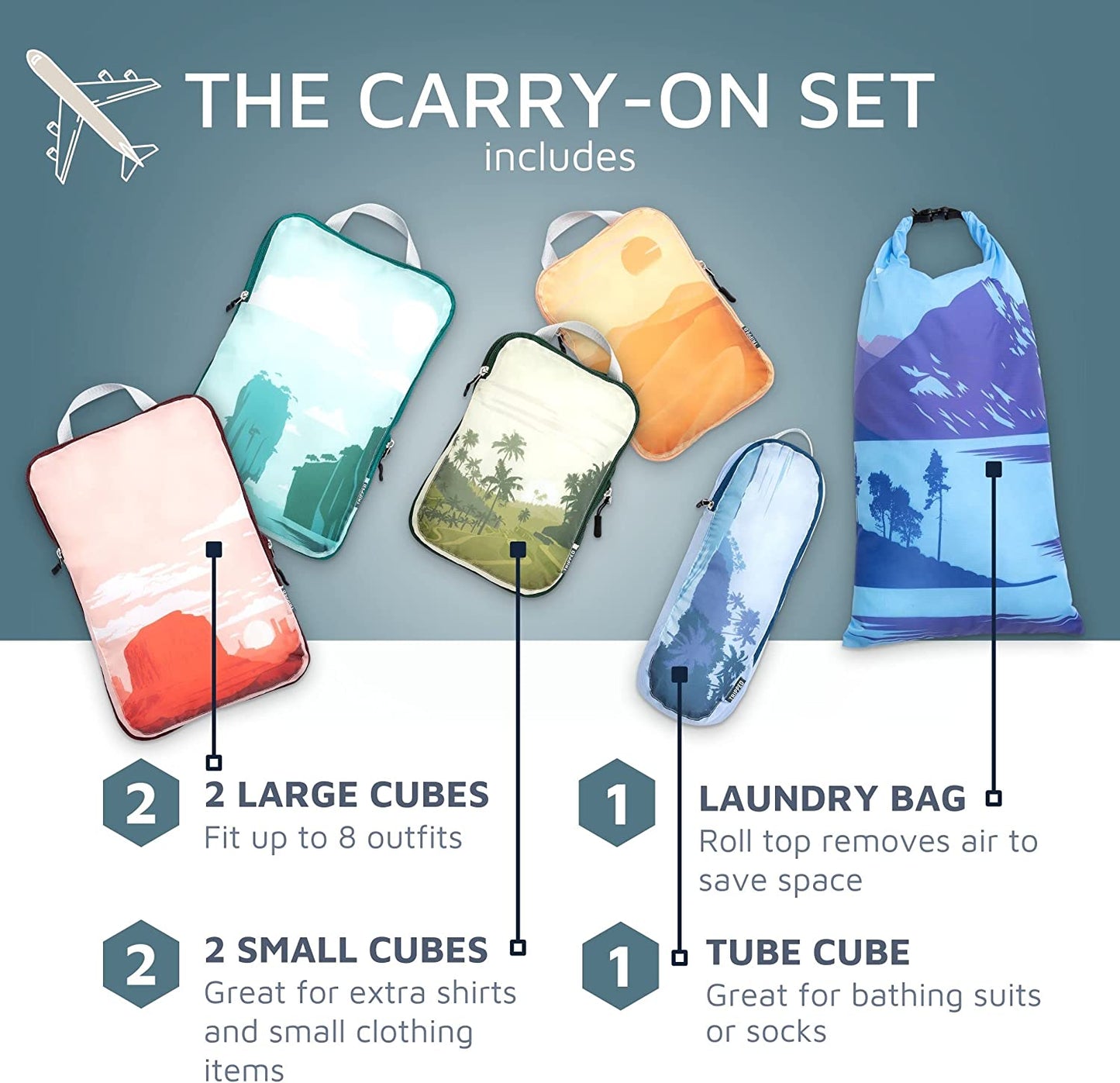 "Ultimate Travel Packing Cubes Set - 6-Piece Graphic Organizer for Luggage and Backpacks"