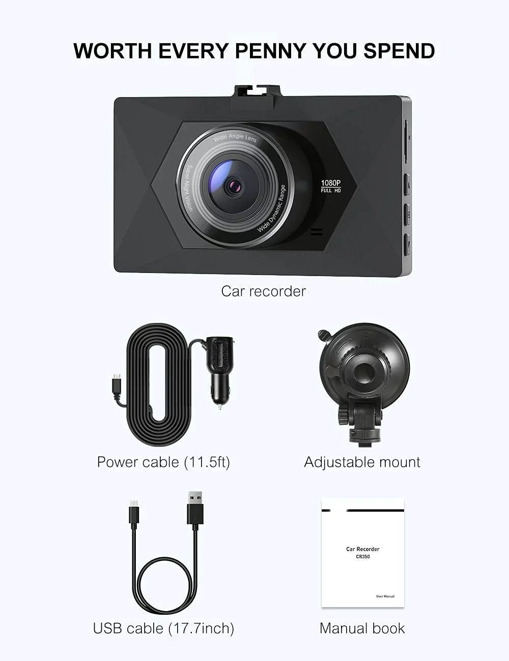 Car Dash Camera with 1080P Full HD Video Recording, 3" LCD Display, Night Vision, Wide Angle, and Advanced Safety Features