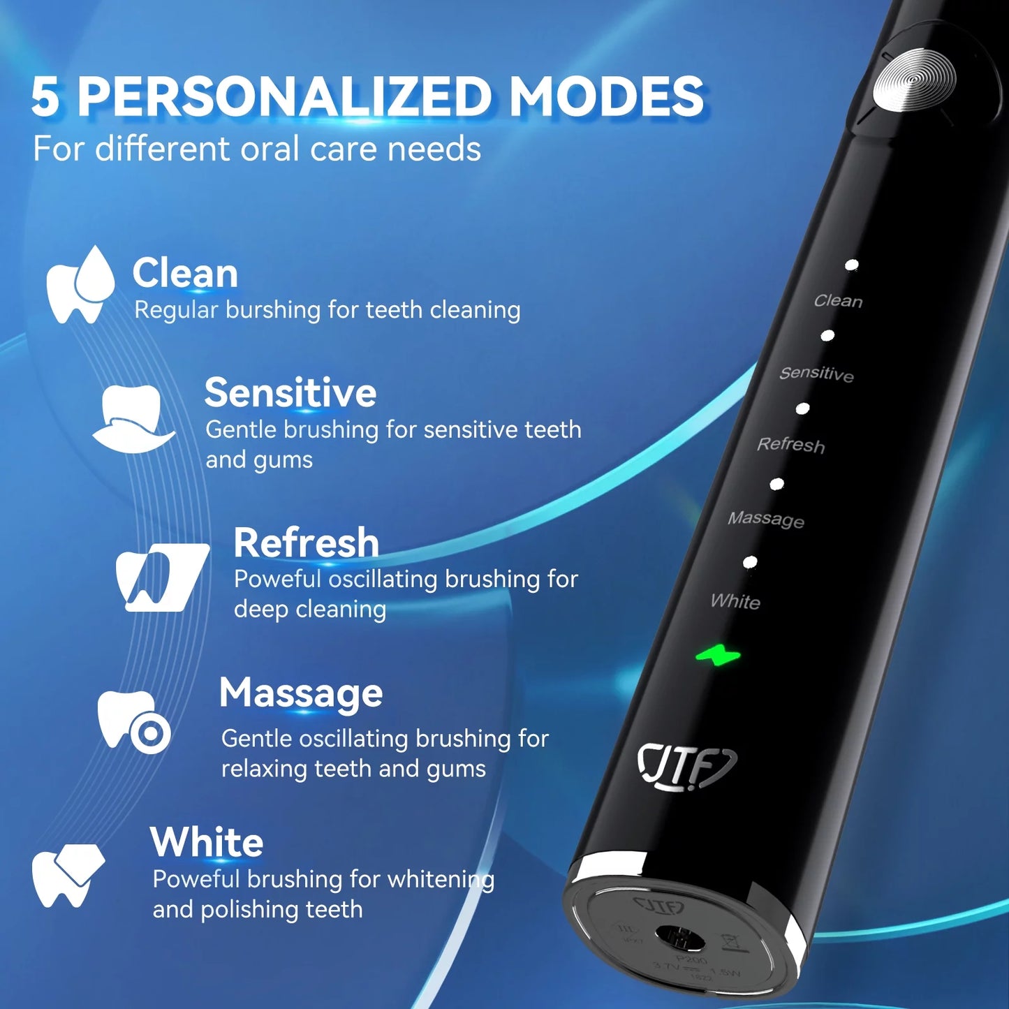 Sonic Electric Toothbrush for Adults with Travel Case, 5 Modes and 6 Brush Heads, Black