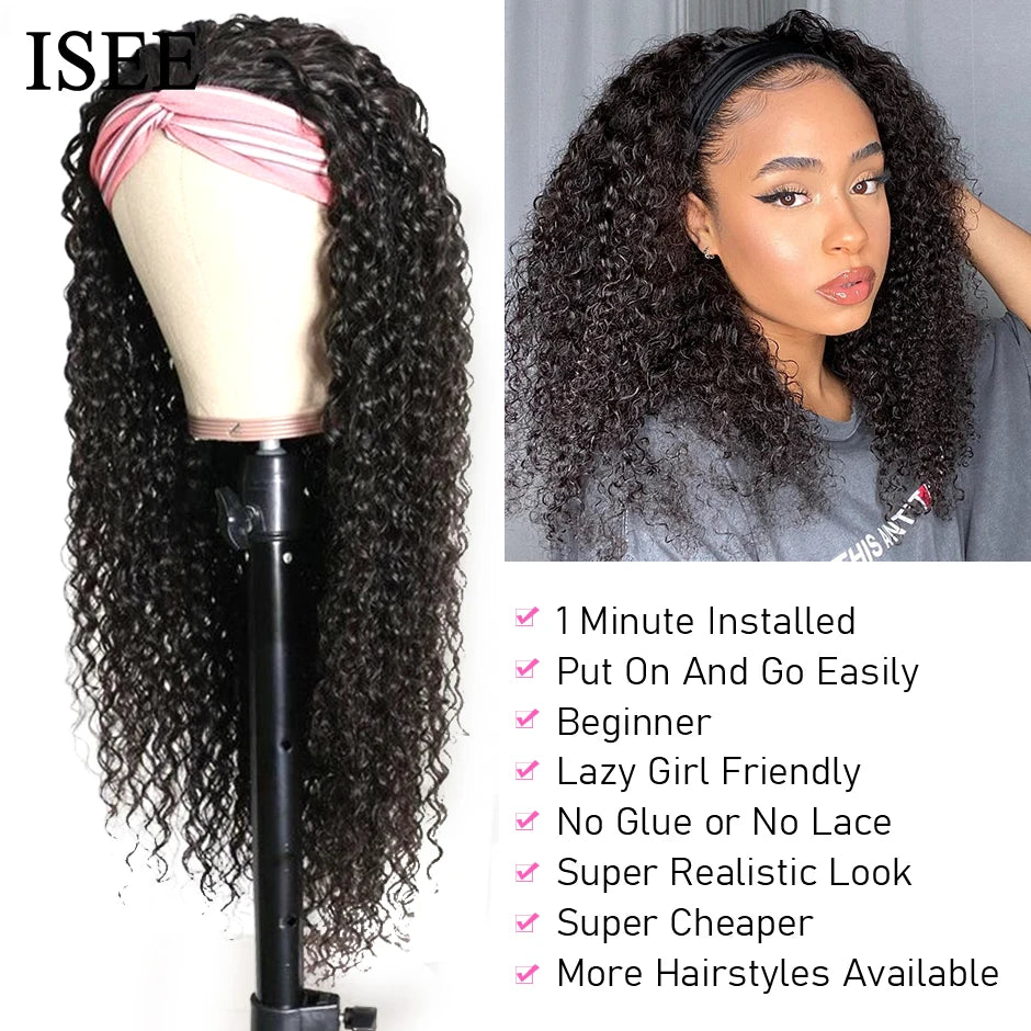 "Deep Curly Headband Wig - Brazilian Human Hair - No Glue Needed!"