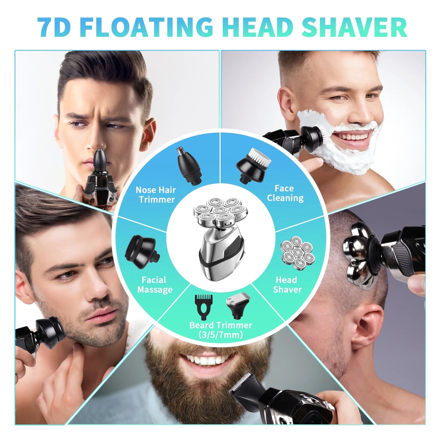 7D Head Shaver,5 in 1 Bald Head Shavers,Led Display, Waterproof Wet/Dry Mens Grooming Kit