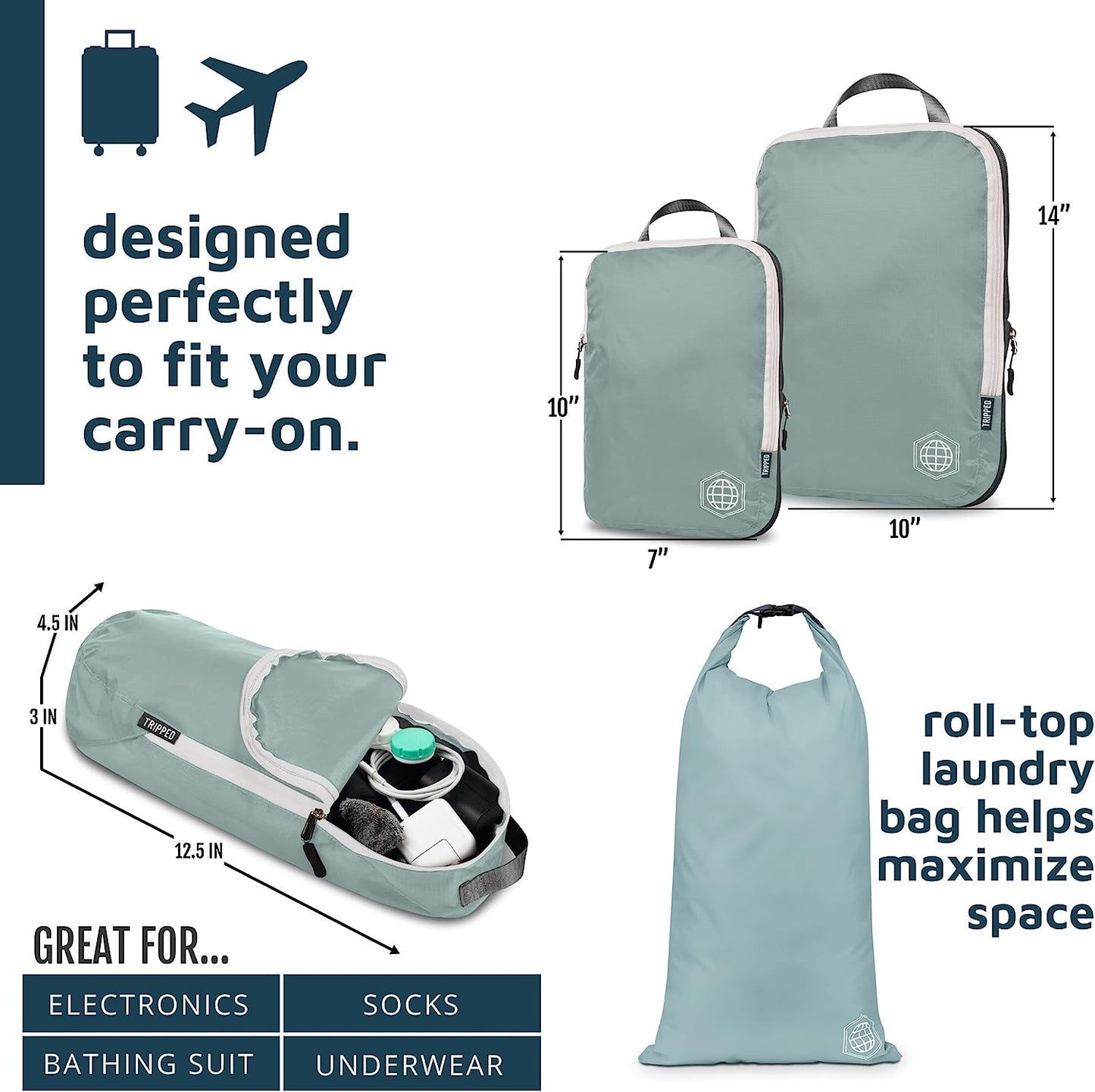 "Dusty Teal and White Compression Packing Cubes Set - 6Piece Travel Organizer for Luggage and Backpack"