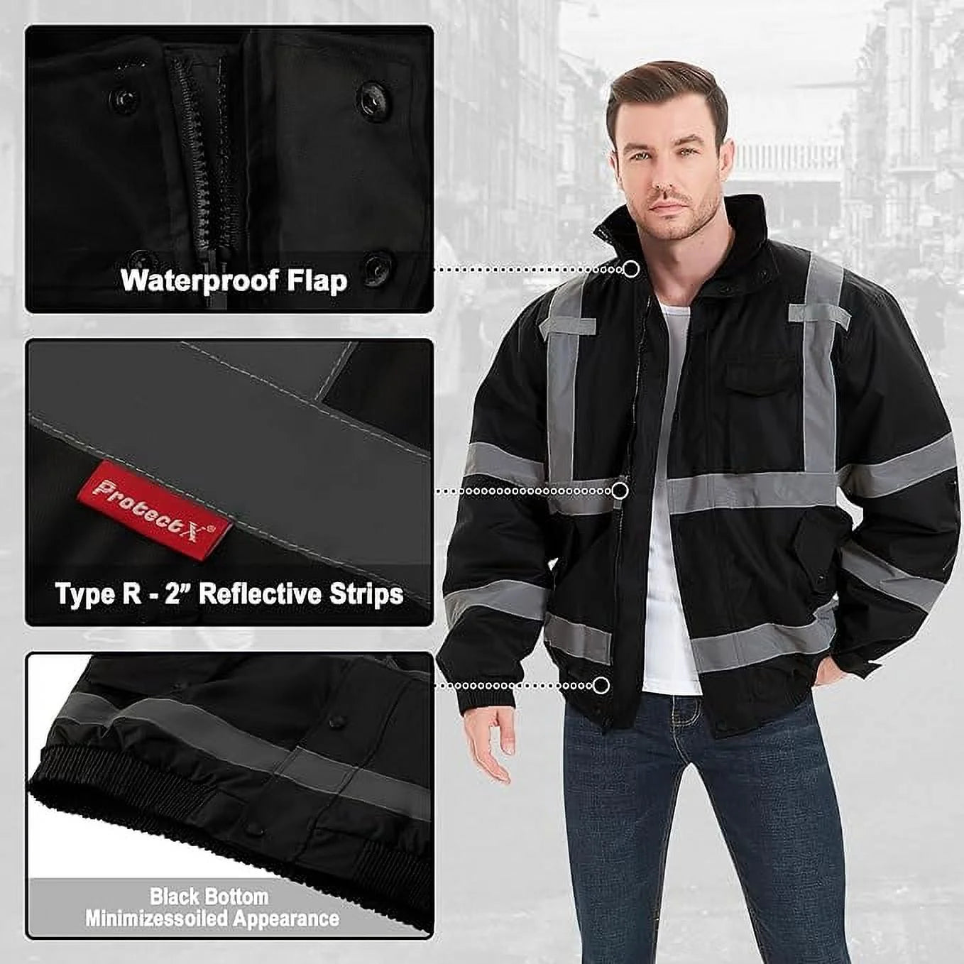 High Visibility Safety Waterproof Bomber Jacket for Men, Hi Vis Reflective Winter Construction Jacket, Black, Medium