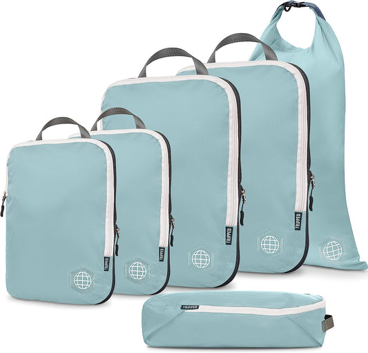 "Dusty Teal and White Compression Packing Cubes Set - 6Piece Travel Organizer for Luggage and Backpack"