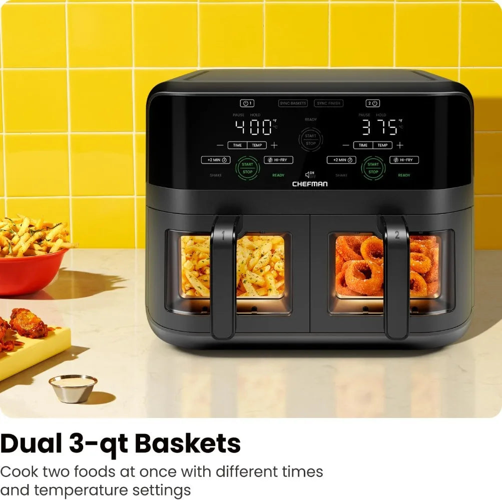 6-Quart Dual Basket Air Fryer Oven with Easy View Windows and Sync Finish