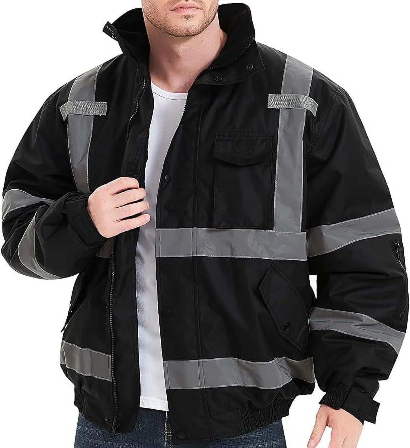 High Visibility Safety Waterproof Bomber Jacket for Men, Hi Vis Reflective Winter Construction Jacket, Black, Medium